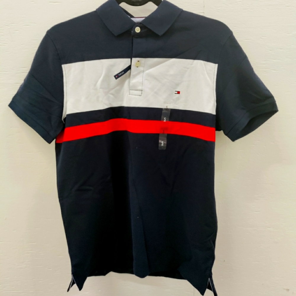 THFLEX Tommy hilfiger red wine blue collar shirt horzontal stripes New With Tags